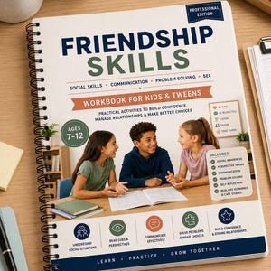 Peut inclure: Un cahier d'exercices à spirales intitulé Friendship Skills for Kids & Tweens, pour les 7-12 ans. La couverture montre trois enfants assis à une table, avec du texte détaillant des activités de compétences sociales et de communication.