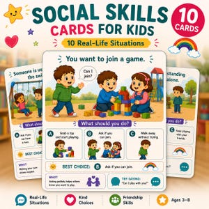 Pode incluir: Um conjunto de cartões de habilidades sociais para crianças com 10 situações da vida real. O cartão central mostra uma ilustração de crianças brincando com blocos, com o texto 'You want to join a game' e 'What should you do?' e opções múltiplas.