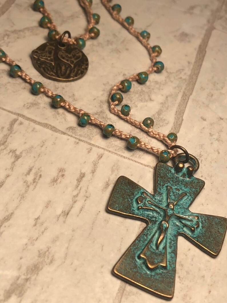 Double strand cross and heart necklace