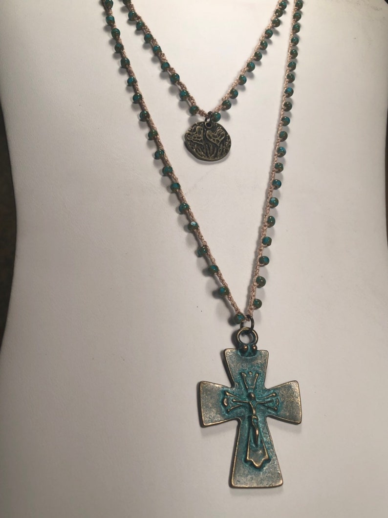 Double strand cross and heart necklace