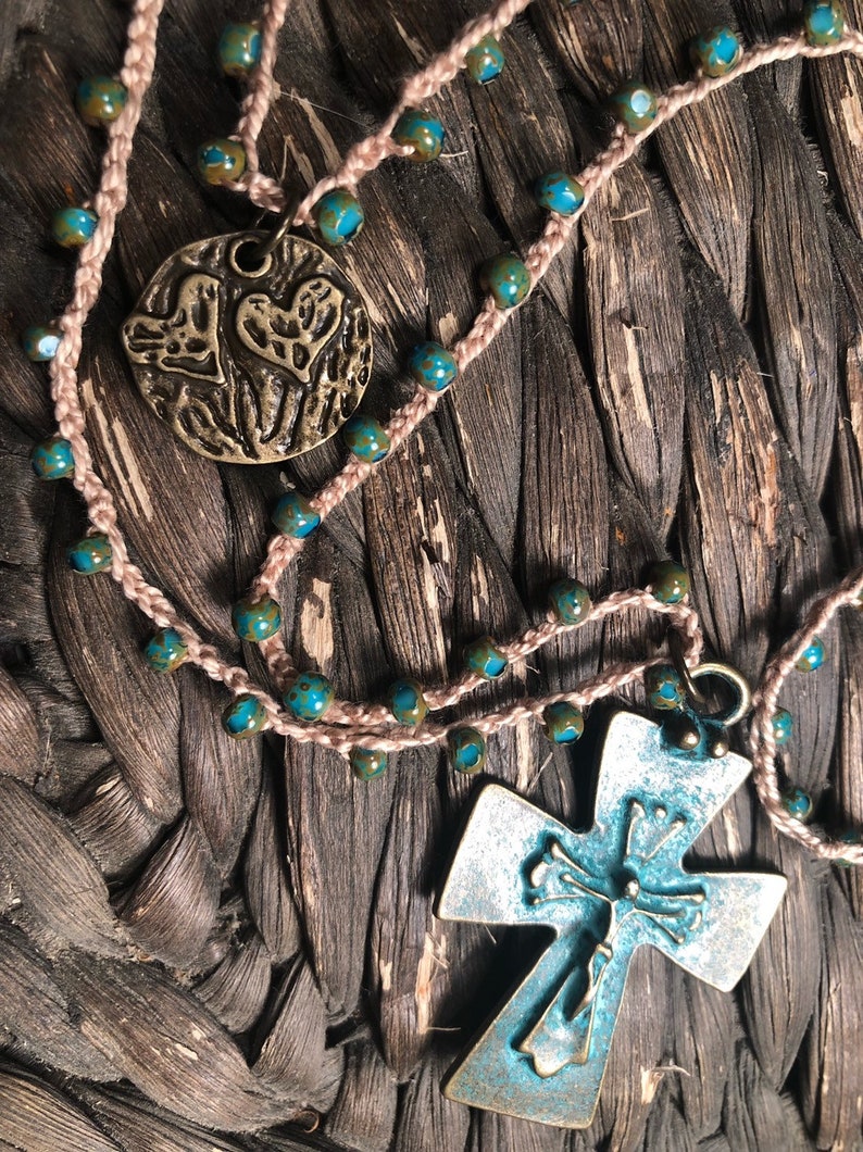 Double strand cross and heart necklace