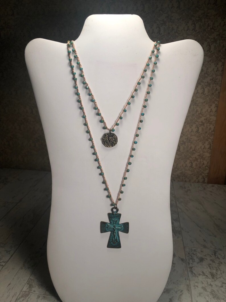 Double strand cross and heart necklace