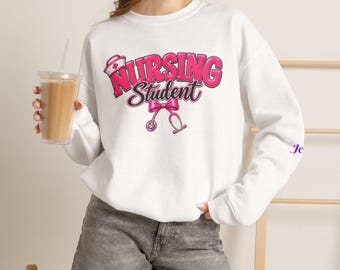 AI-Generated Nursing Student Pink Script Crewneck Sweatshirt | Nursing School Scribble Stethoscope