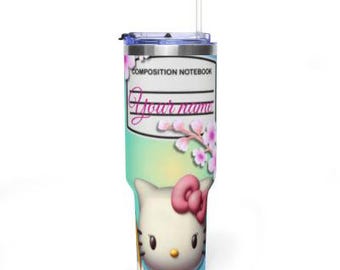AI-generated Hello Kitty Composition Notebook Name Tumbler | 40oz Vacuum Tumbler