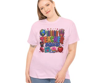 AI-Generated Teacher Squad T-Shirt | Colorful School Supplies Design, Apple Globe Books Pencils