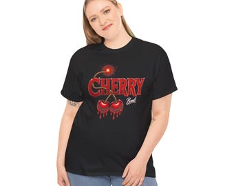 AI-Generated Cherry Bomb graphic T-Shirt | Retro dripping cherries, rock style