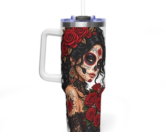 AI-Generated Sugar Skull Woman and Red Roses Tumbler | 40oz Vacuum Thermal Tumbler