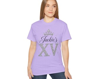 Jackie's XV T-shirt | AI-Generated Sweet 15 quinceañera crown glitter design