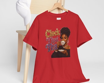 AI-Generated Sipping Tea Black Woman Illustration Tee | "Check That Tea" Retro Text