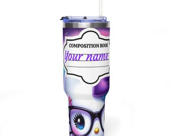 Door AI gegenereerde Cute Kitty Composition Book Design Tumbler | Thermische vacuümbeker van 40 oz