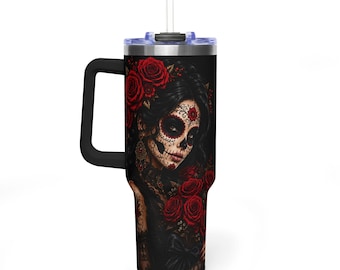 AI-Generated Sugar Skull Lady with Red Roses 40oz Tumbler | Day of the Dead Vacuum Tumbler