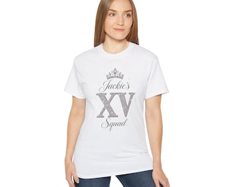 Jackie's XV Squad T-Shirt | AI-Generated Quinceañera Crown Roman Numeral Design