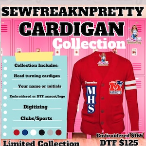 May include: A red V-neck cardigan featuring the name Jamesha, the letters MHS, and a Patriots logo on the chest. The image includes text detailing a collection with options for embroidery or DTF, and lists pricing of $165 and $125 respectively.