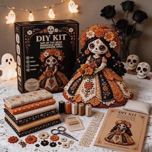 May include: A Day of the Dead marigold spirit patchwork doll DIY kit featuring a box with text, a finished doll with a floral headpiece, stacks of patterned fabric, spools of thread, needles, scissors, lace trim, and an instruction booklet.