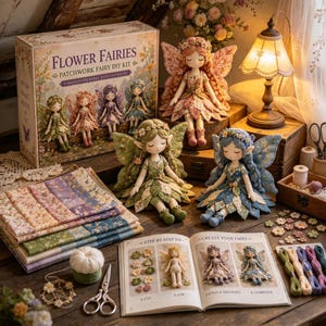 May include: A Flower Fairies Patchwork Fairy DIY kit featuring a box with fairy illustrations, three finished fabric fairy dolls in green, blue, and pink, a stack of patterned fabric, a step-by-step instruction book, embroidery thread, and scissors.