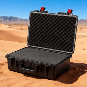 May include: A black, open hard case with a handle and red latches. The interior is lined with black foam padding. The case is sitting on sand with a desert landscape in the background.