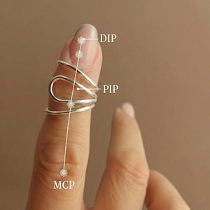 May include: A silver-colored finger ring with a unique, flowing design. The ring wraps around the finger with multiple bands and a looped section. The image includes labels: DIP, PIP, and MCP, indicating anatomical points.