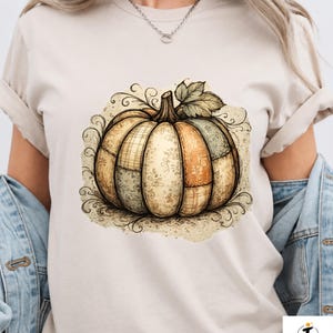 Vintage Patchwork Pumpkin PNG, Rustic Fall Pumpkin Clipart, Watercolor Autumn Harvest Design, Farmhouse Thanksgiving Sublimation