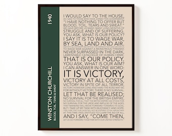 Póster tipográfico del discurso de Winston Churchill "Sangre, sudor, lágrimas y sudor" / Lámina decorativa de pared de estilo vintage de la Segunda Guerra Mundial