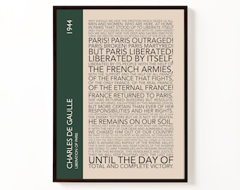 Lámina con el discurso de Charles de Gaulle sobre la liberación de París / Arte mural de la historia francesa de la Segunda Guerra Mundial