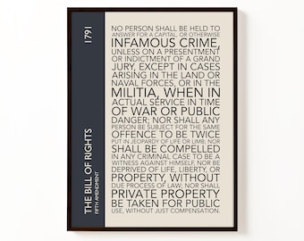 Póster de la Quinta Enmienda / Arte mural de la Declaración de Derechos / Impresión tipográfica de EE. UU.