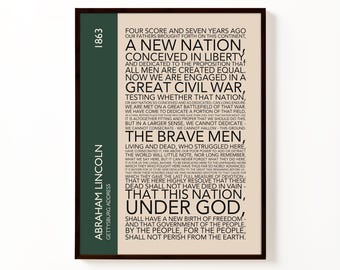 Póster tipográfico del Discurso de Gettysburg de Abraham Lincoln / Lámina decorativa vintage de historia estadounidense
