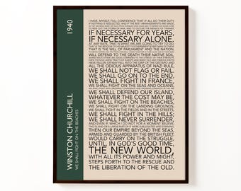 Cartel con el discurso de Winston Churchill / Lucharemos en las playas (Segunda Guerra Mundial) Impresión tipográfica