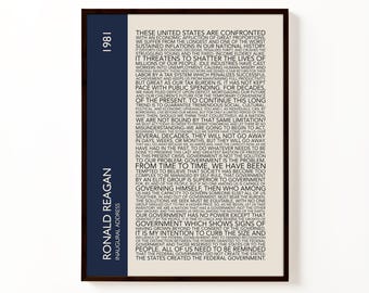 Póster tipográfico del discurso de investidura de Ronald Reagan / Lámina decorativa vintage de historia estadounidense para pared