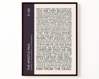 Póster tipográfico con el discurso del apóstol Pablo en Atenas / Lámina decorativa con el versículo de Hechos 17