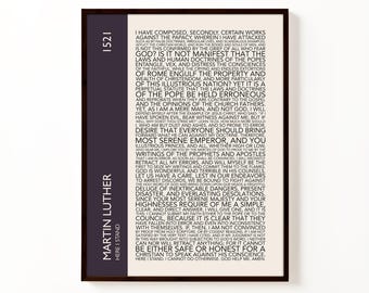 Póster tipográfico del discurso "Aquí estoy" de Martín Lutero / Lámina decorativa sobre la historia de la Reforma