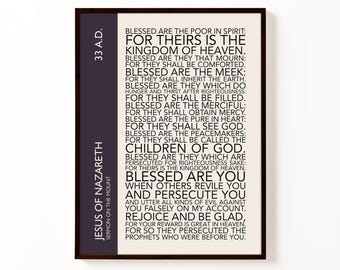 Póster tipográfico del Sermón de la Montaña de Jesús de Nazaret / Lámina decorativa con versículos bíblicos de las Bienaventuranzas