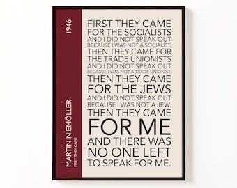Póster con el poema de Martin Niemöller «Primero vinieron» / Impresión tipográfica sobre la historia del antifascismo