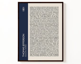 Póster tipográfico del discurso de investidura de Thomas Jefferson / Lámina decorativa vintage de historia estadounidense para pared