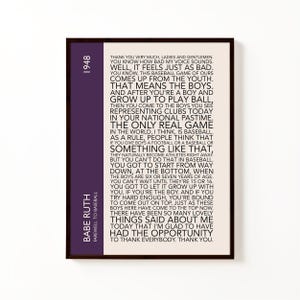 May include: Framed print of Babe Ruth's "Farewell to Baseball" speech from 1948. The text is in a serif font on an off-white background, with a purple sidebar. A nostalgic piece of sports memorabilia.