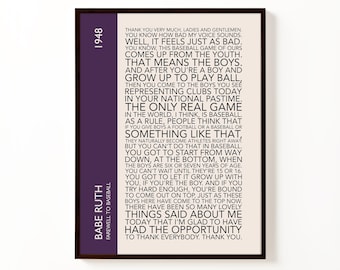 Discurso de despedida de Babe Ruth de 1939 - Póster tipográfico / Arte mural de béisbol vintage