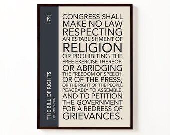 1st Amendment Bill of Rights Typography Poster | Constitutional Wall Art Print