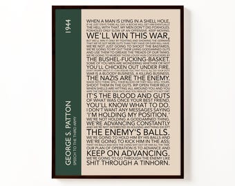 Póster con tipografía del discurso de George S. Patton al Tercer Ejército / Lámina decorativa militar de la Segunda Guerra Mundial