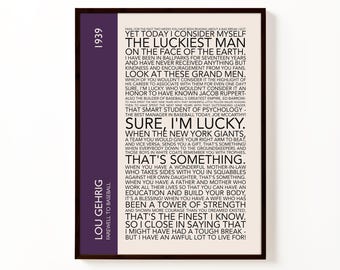 Póster tipográfico del discurso de despedida de Lou Gehrig al béisbol / Lámina decorativa vintage de béisbol para pared
