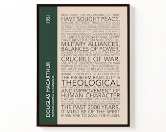 Póster tipográfico del discurso de despedida de Douglas MacArthur al Congreso / Lámina decorativa de historia militar vintage para pared