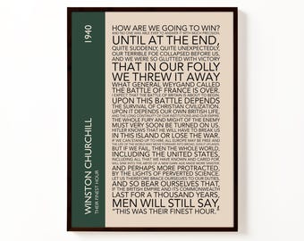 Póster tipográfico del discurso de Winston Churchill "Su hora más gloriosa" / Lámina decorativa de pared con historia vintage de la Segunda Guerra Mundial