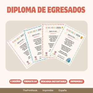 Printable kindergarten graduation diploma, End-of-year certificate, 4 designs, Instant download, Spain