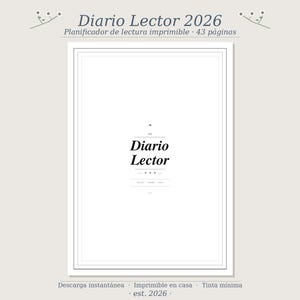 Puede incluir: Un planificador de lectura imprimible blanco titulado "Diario Lector 2026" con 43 páginas. La portada presenta el título "Diario Lector" en negrita, en negro. El texto adicional incluye "Descarga instantánea - Imprimible en casa - est. 2026."