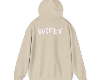 Wifey script back print Hoodie | White, Pink outline, Casual Couples