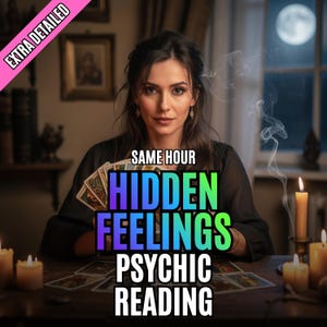 Könnte beinhalten: Eine Frau mit dunklen Haaren sitzt an einem Tisch und hält Tarotkarten. Das Bild enthält den Text "SAME HOUR HIDDEN FEELINGS PSYCHIC READING". Angezündete Kerzen und Rauch tragen zur mystischen Atmosphäre bei. Der Text "EXTRA DETAILED" befindet sich in einem rosa Banner.