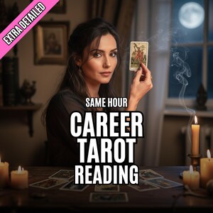 Könnte beinhalten: Eine Frau hält eine Tarotkarte mit einer detaillierten Illustration. Das Bild enthält den Text "SAME HOUR CAREER TAROT READING" und "EXTRA DETAILED". Kerzen und andere Tarotkarten liegen auf dem Tisch.