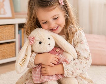 Custom Bunny Plush Toy, Gentle Comfort Gift for Little Kids, Soft Rabbit Doll for Nursery and Bedtime,  Soft Stuffed Rabbit Embroidered Ear