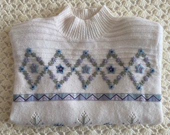 Vintage 1980s Alfred Dunner Floral Embroidered Sweater, Mockneck, Petite Medium, Pastel, Cottagecore