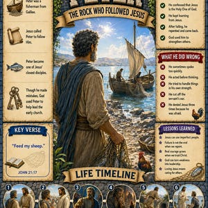 May include: A religious educational poster titled Peter The Rock Who Followed Jesus, featuring a central illustration of a man holding a fishing net by a lake. The layout includes text sections on his life, key verses, and a six-part timeline.
