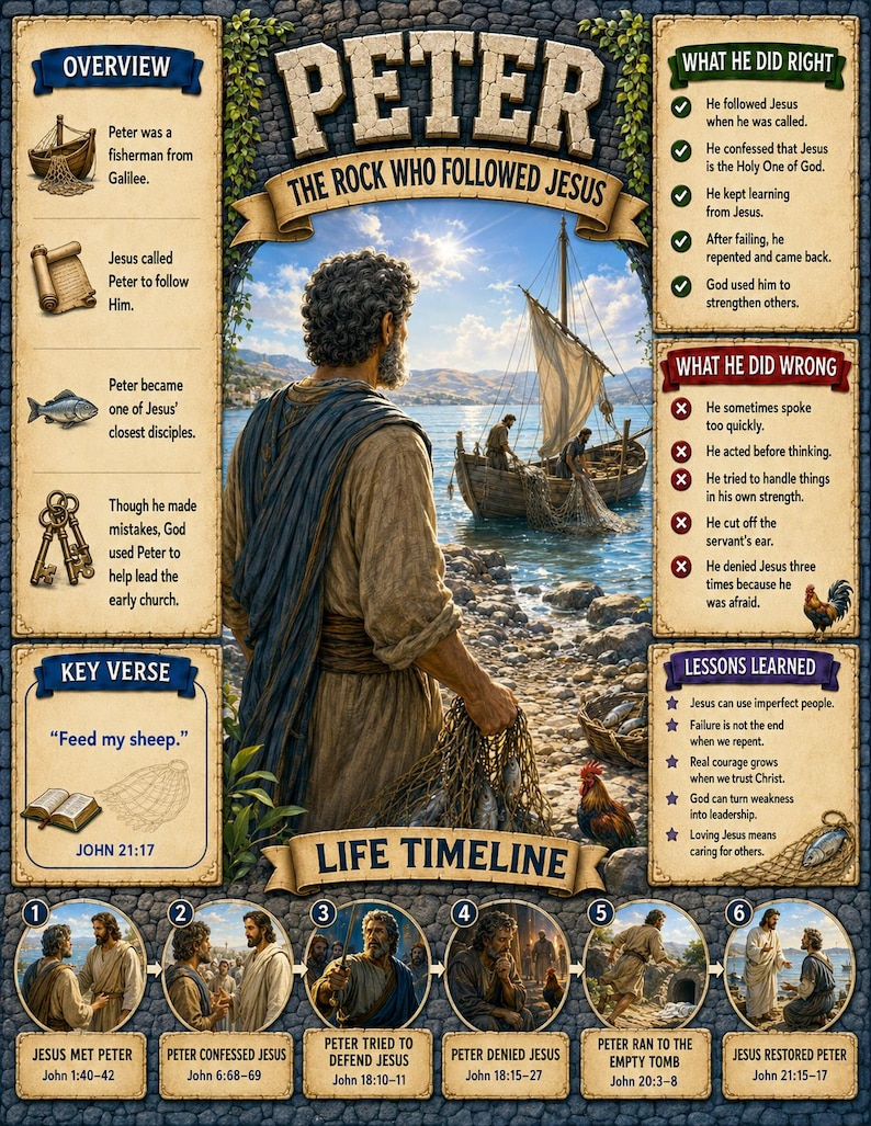 May include: A religious educational poster titled Peter The Rock Who Followed Jesus, featuring a central illustration of a man holding a fishing net by a lake. The layout includes text sections on his life, key verses, and a six-part timeline.