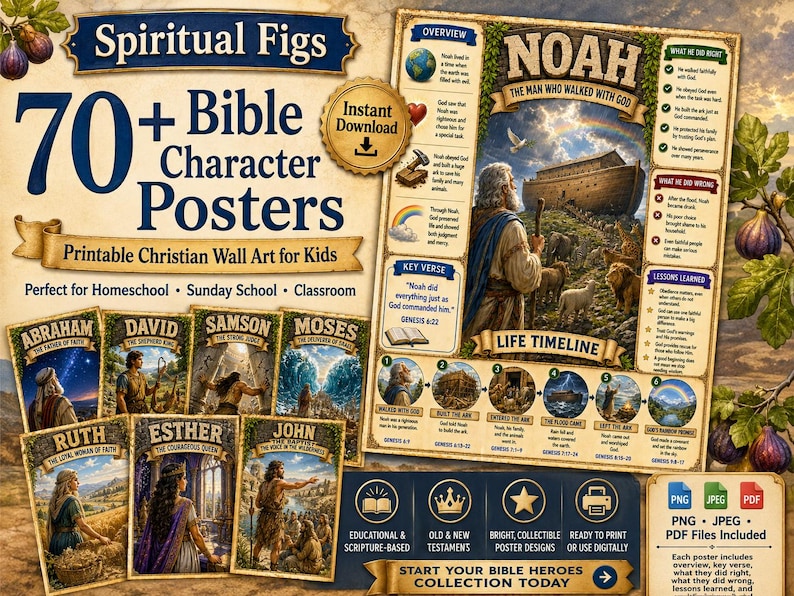 May include: A collection of 70+ printable Bible character posters titled Spiritual Figs, featuring educational wall art for kids. The main Noah poster displays a life timeline, key verses, and lessons learned, alongside smaller character cards.
